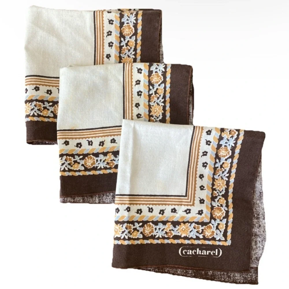 Set of 3 Cacharel Cloth Napkins Brown Beige Floral Square Fabric Boho